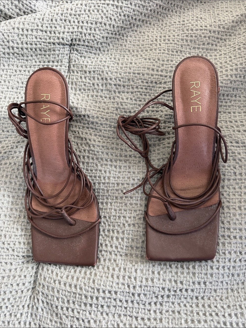 RAYE Chocolate Brown Lace-Up Square Toe Heels